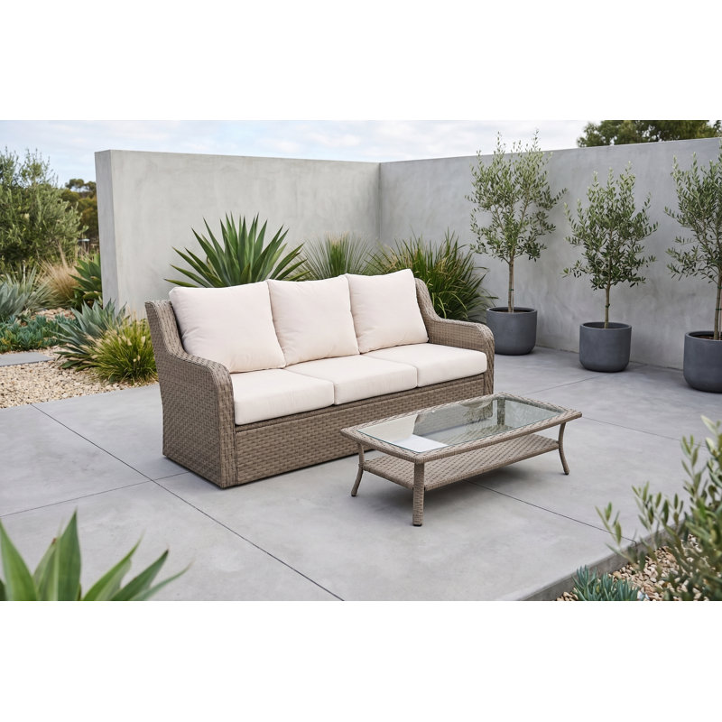 Ensemble de canapé d'extérieur en rotin gris clair 2 pièces avec table basse Camil - Mobilier de patio résistant aux intempéries avec coussins blancs