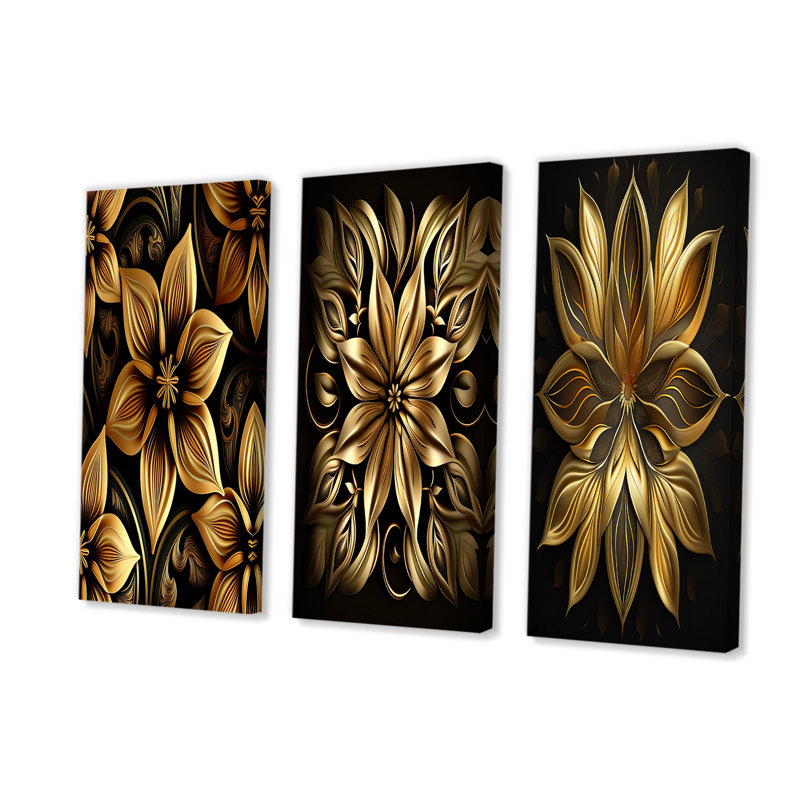 Golden Lily on Black I - ensemble de 3 reproductions sur toiles tendues, H 40 po x l 60 po x P 1 po