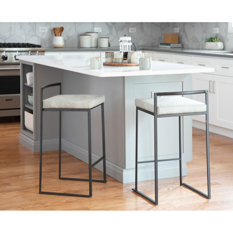 Tabouret de bar et de comptoir Brieon, Noir, Polyester cowboy gris clair, Tabouret de comptoir (siège d'une hauteur de 27 p