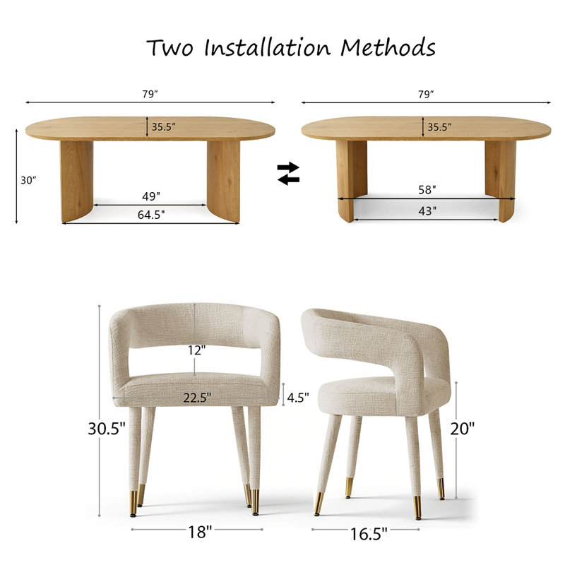 Modern 79" Oval Dining Table Set With 6 Upholstered Dining Arm Chairs, Khaki