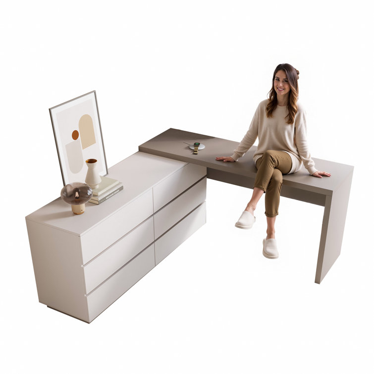 Recruls Home Office 97.6’‘ Extendable Dresser Desk with Storage Drawers, Rectangular/L-shaped Desk