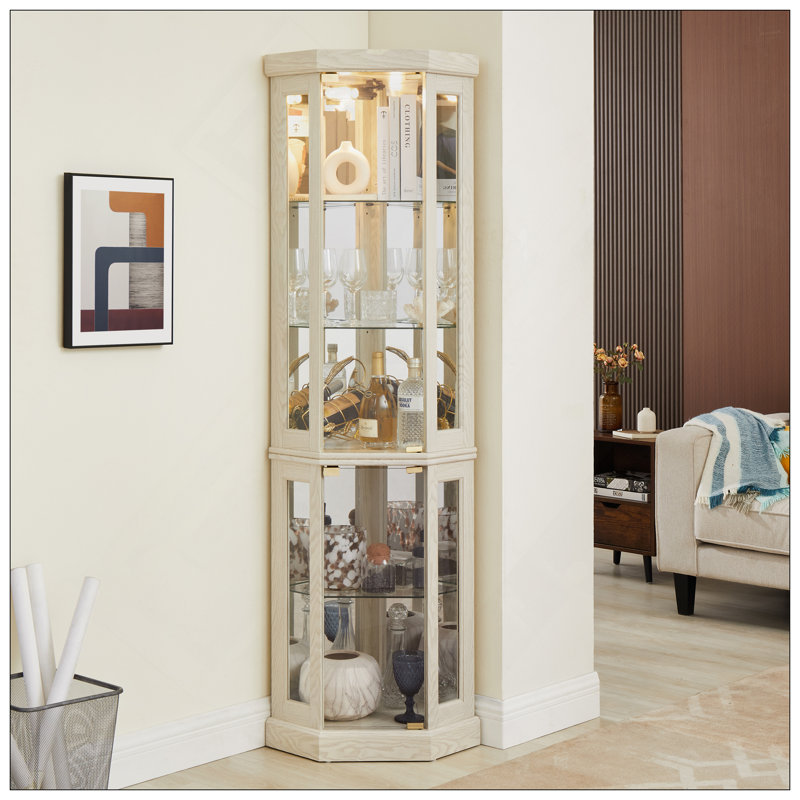 Lighted Corner Curio Cabinet - Display Case For Living Room, Antique Collectibles, Wine & Bar Glass Storage - Elegant Corner Design With Lights Included- White