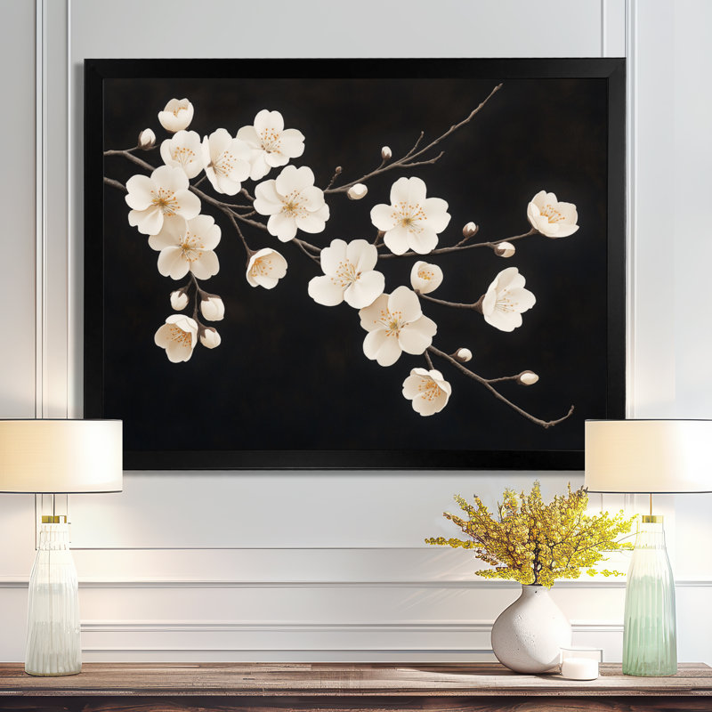 Nuit d'ivoire Bloom I - Décoration murale encadrée Fleurs de cerisier, 16" H x 32" W, Cadre photo noir