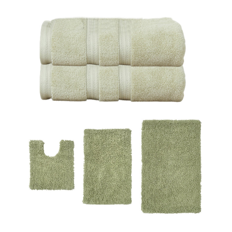 Bruno Collection 100% Soft Cotton 2 Pc Bath Towel Set & 3 Pc Bath Rug Set, (Set of 5), Green