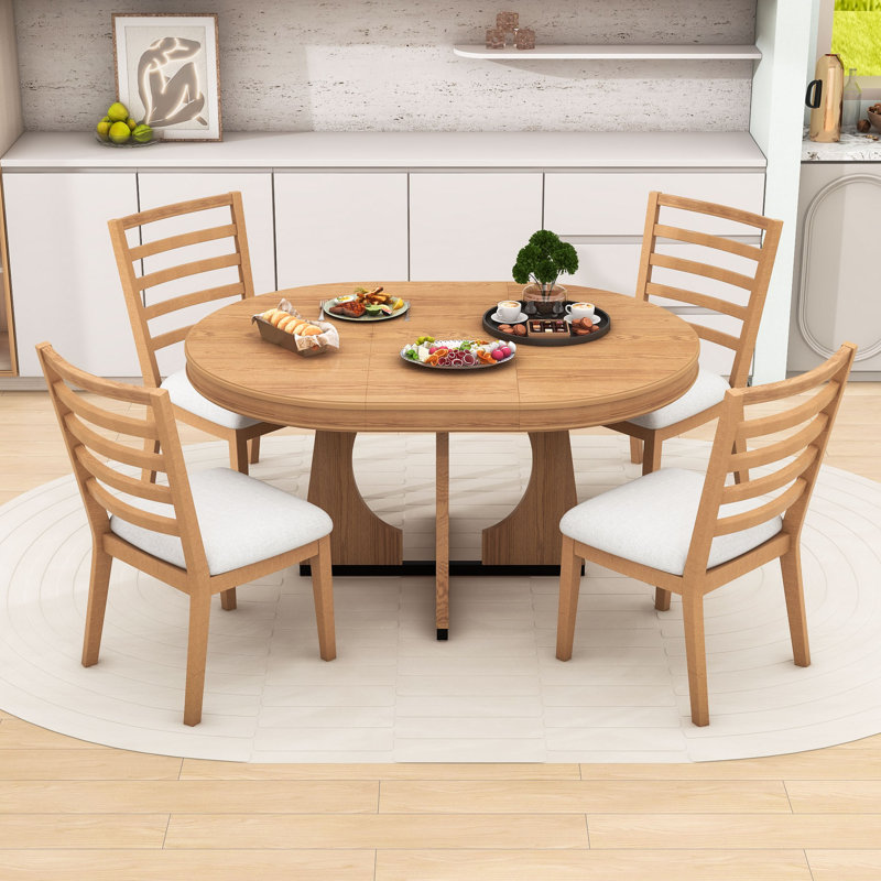 Ensemble de salle à manger extensible 5 pièces avec table et 4 chaises rembourrées Halie, Naturel, Naturel / Beige