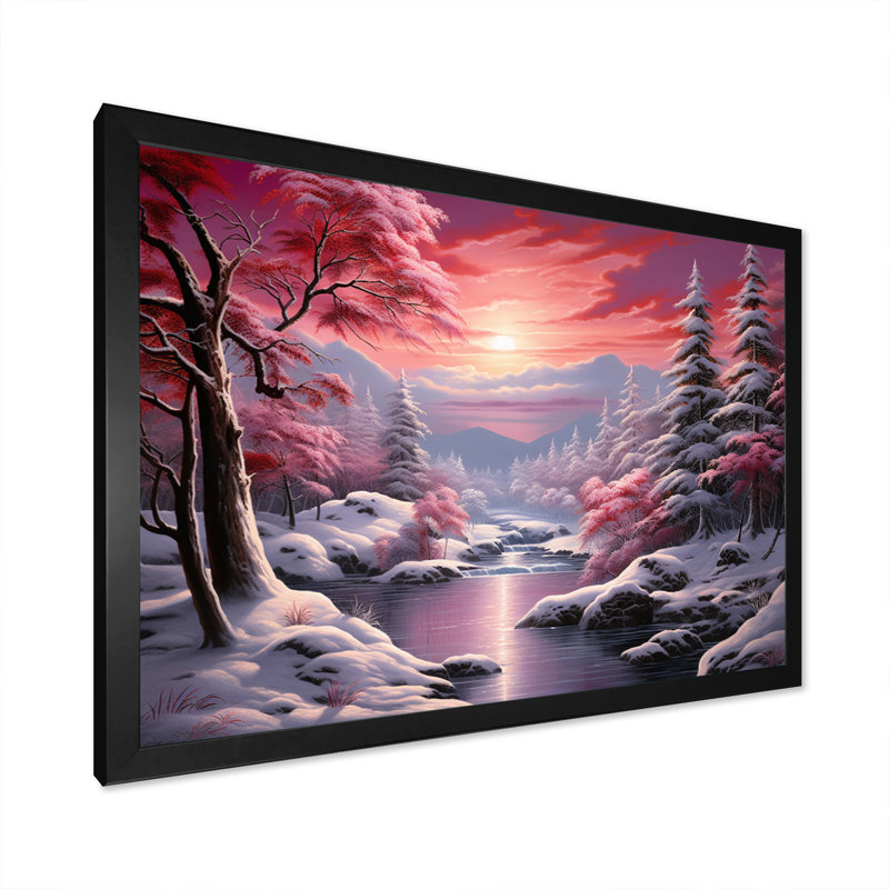 «White Snowy Trees by The River At Red Sunset I», impression sur toile, H 12 po x l 20 po x P 1 po, Cadre photo noir