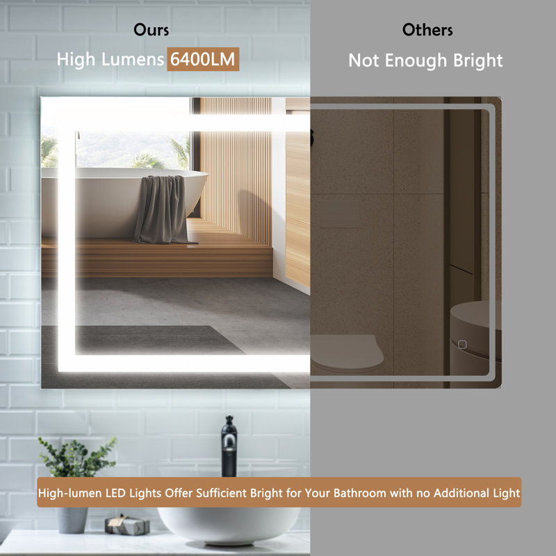 Modern Frameless Rectangular LED Lighted Bathroom Vanity Mirror with Defogger, 32" x 40"