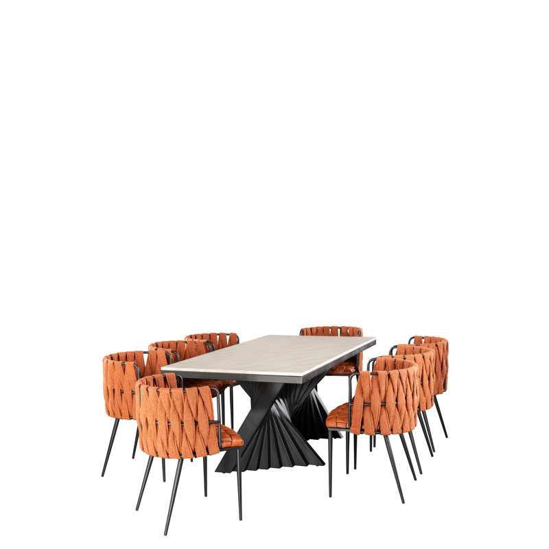 Waterfall Modern Rectangular Marble Dining Table Set with Sculptural Base and 8 Woven Chairs – 9-Piece Contemporary Dining Room Set