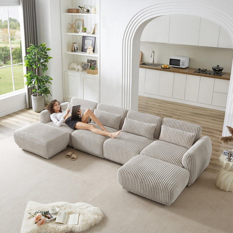 Upholstered U-Shaped Sectional Reversible, Cigarette Gray Corduroy