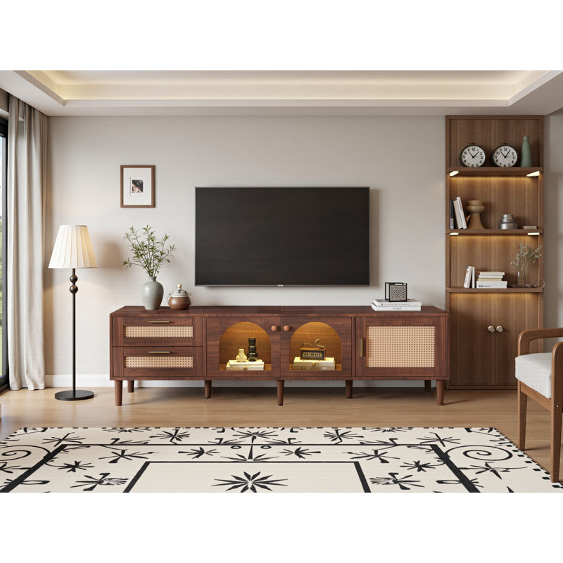 Rattan TV Stand With 3 Cabinets & 2 Drawers, Media Console Table For Tvs Up To 80" With LED Light, Entertainment Center