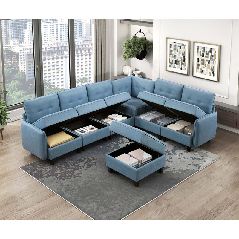 Fauteuil modulaire simple avec siège de rangement Gey, polyester capitonné bleu