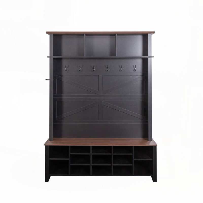 Hall Tree with 6 Hooks, Practical Walnut Entryway Bench with Adjustable Shelves, Black