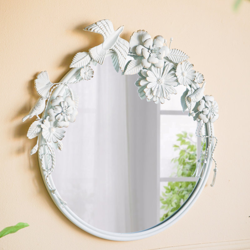 Miroir mural blanc en fer et panneau de fibres à densité moyenne avec ornements floraux et oiseaux