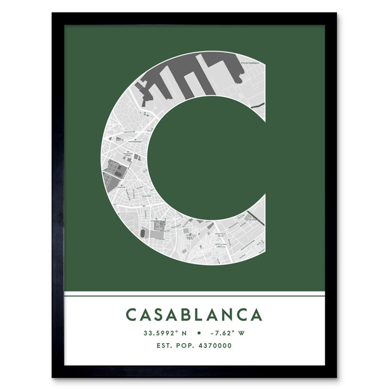 Casablanca Morocco City Map Green - Single Picture Frame Typography