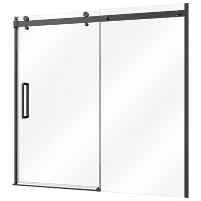 Porte de douche coulissante semi-encadrée 152 cm x 152 cm, noire, verre trempé transparent 8 mm d'épaisseur, avec 2 poignées en acier inoxydable et revêtement nano. Conçue pour les baignoires.