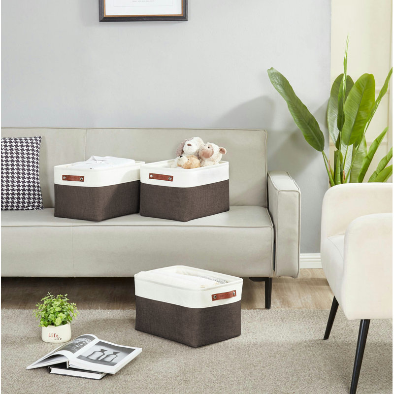 Foldable Fabric Storage Bin, Brown/White, 3