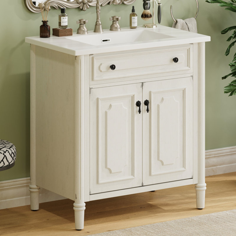 31-Inch White Bathroom Vanity With Soft-Close Doors, Adjustable Shelves, And Faux Drawer For A Cozy Functional Antique 31" Spacious Storage, Materials