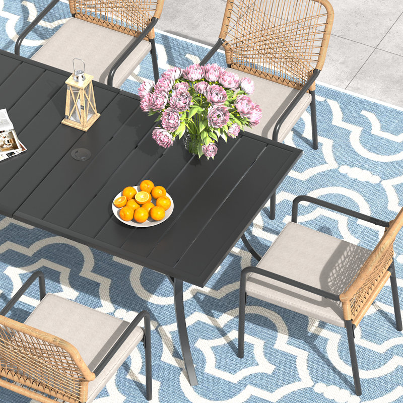 6-Person Patio Dining Set with Rectangular Dining Table and Cushioned Stackable Rattan Chairs