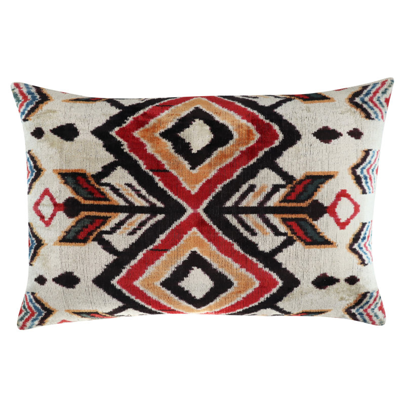 Velvet Lumbar Pillow Cover & Insert, Red/Orange/Beige Geometric 1
