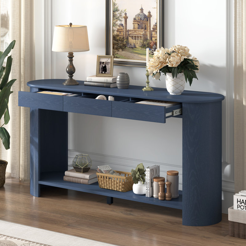Console 59,8 po avec 3 tiroirs en placage de chêne moderne, Marine
