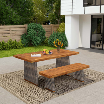 Ensemble de table de salle à manger d'extérieur en bois d'acacia avec 1 table et 1 banc