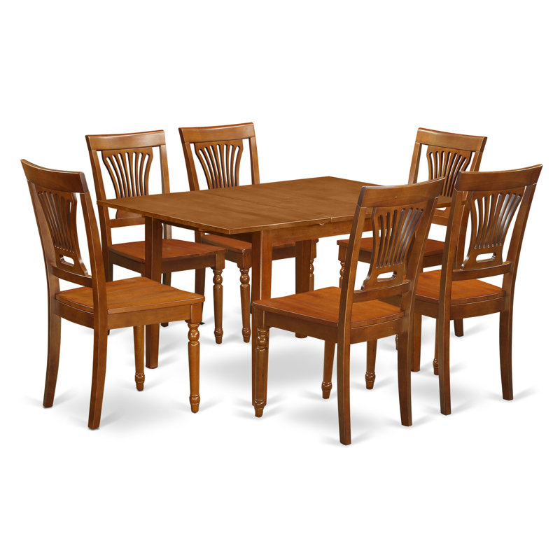 7 Piece Kitchen Table & Chairs Set Consist of a Rectangle Dining Room Table with Butterfly Leaf and 6 Solid Wood Seat Chairs, Saddle Brown