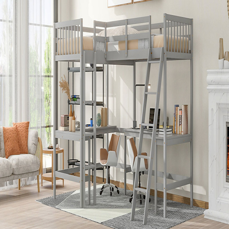 Lit mezzanine simple en bois en forme de L avec échelle et 2 bureaux intégrés en forme de L, Gris