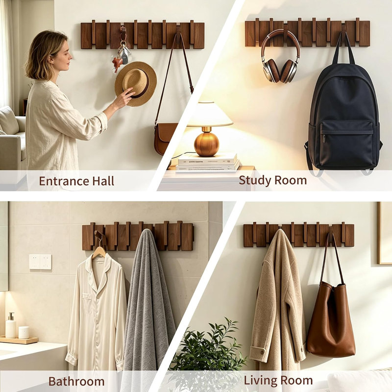 Portemanteau mural en bois, portemanteau robuste avec 8 crochets, noyer