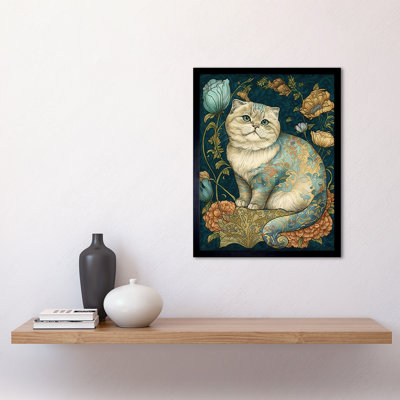 William Morris Inspired Cute Cat With Floral Pattern Fur And Flowers Colourful Modern - Single Picture Frame Print