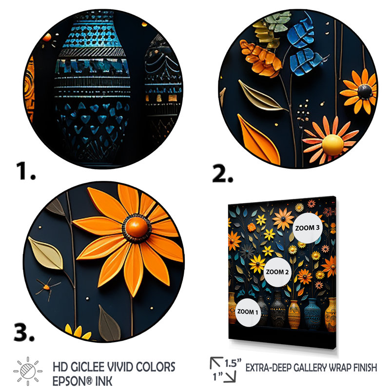 Impressions florales orange et bleues - art mural Boho, Cadre flottant brun, 32" H x 24" W