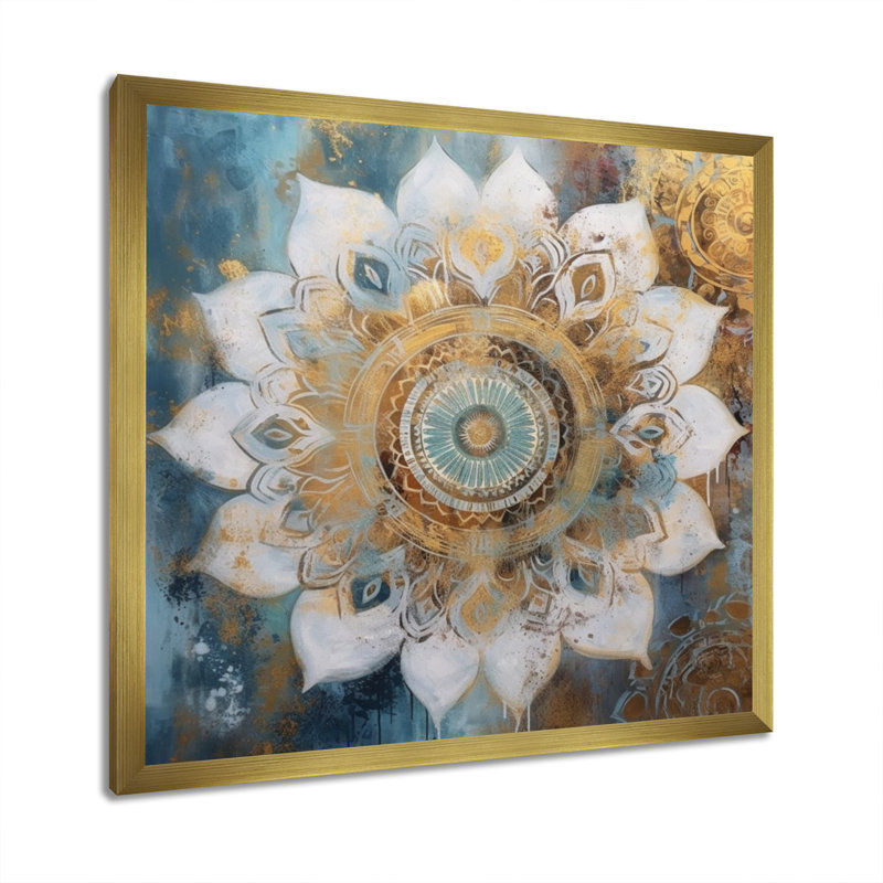 Blanc et or Mandala II - impression, H 36 po x l 36 po x P 1,5 po, Cadre flottant doré