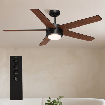 Jet5 52" Indoor Matte Black Ceiling Fan with Reversible Walnut/Black Blades, LED Light, and Remote