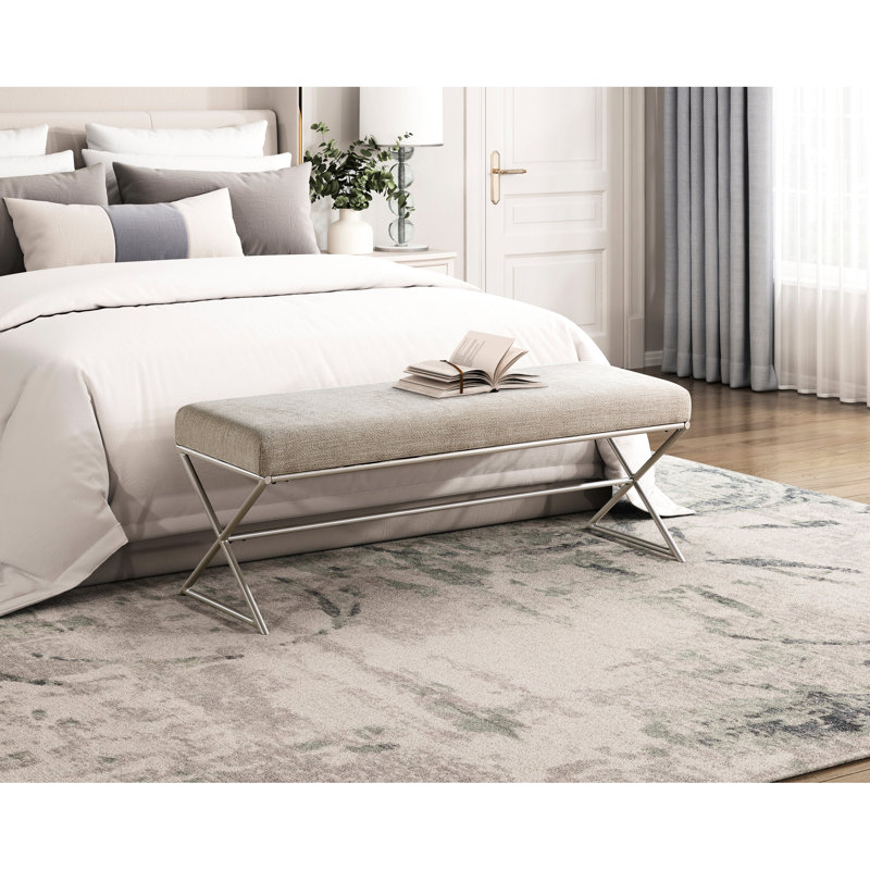 Banc de hall d'entrée moderne avec siège en tissu de chenille taupe, finition champagne de structure en fer, profondeur de siège de 16 po, revêtement en chenille rembourrée de mousse, largeur de 48 po, idéal pour la vie