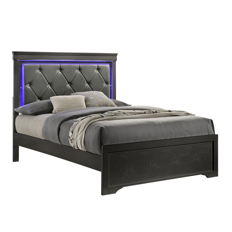 Lit simple avec revêtement en similicuir et tête de lit à DEL gris métallique