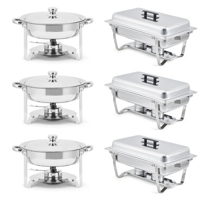 Ensemble de buffet professionnel 6 chauffe-plats – 3 chauffe-plats rectangulaires de 8 L et 3 chauffe-plats ronds de 5 L en acier inoxydable avec couvercles, bacs à eau et supports à combustible – Traiteur, événements, banquets, fêtes, 3+3 pièces