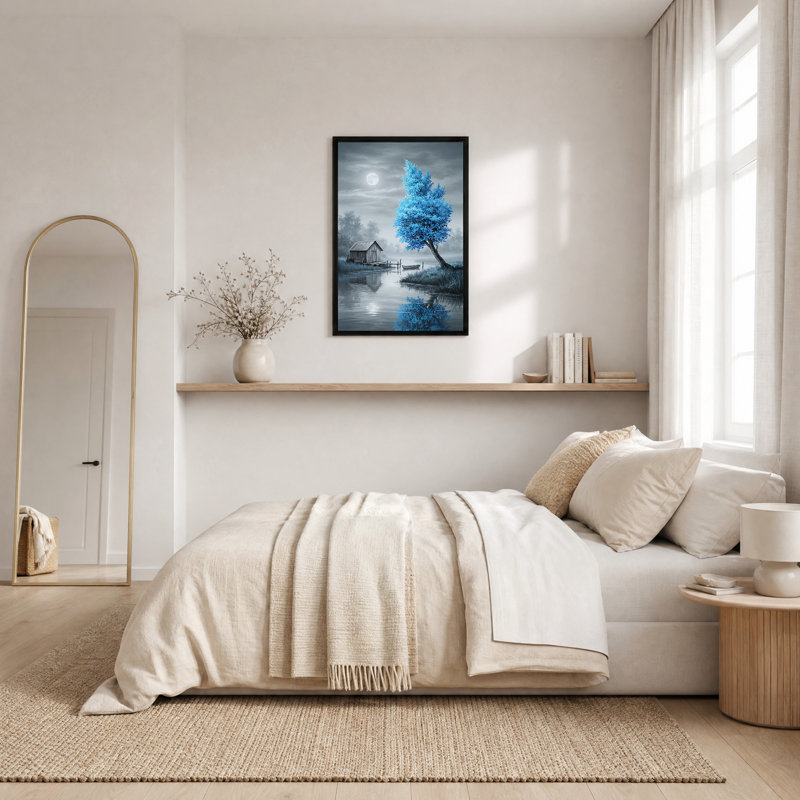 «Blue Tree and Wooden Shack» par Moonlit Lake, art mural sur toile, H 36 po x l 24 po