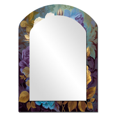 Rétro roses en fleurs rose bleu et blanc I - rose miroir décoratif asymétrique, miroir mural arqué mauve, impression d'art en métal