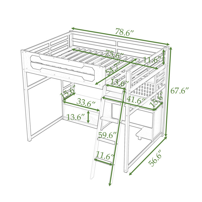 Lit mezzanine double en bois avec bureau, tablettes, lumières DEL et ports de charge, Noir rouge