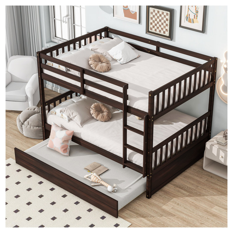 Lit superposé double en bois d'hévéa massif avec gigogne, structure de lit simple espresso détachable avec échelle