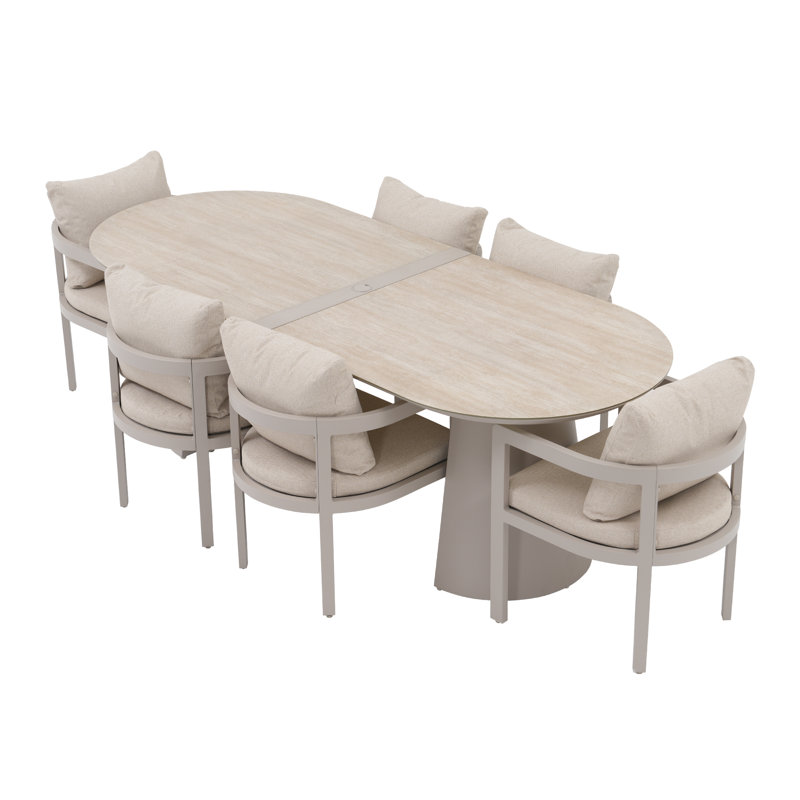 7- Piece Outdoor Dining Set With Cushions, Flaxen Cushion/Flaxen Frame