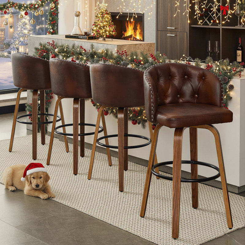 Swivel Bar Stool With Curved Wood Legs, Upholstered Tufted Back, And Nailhead Trim, Bar Stool (28.2" Seat Height), Brown