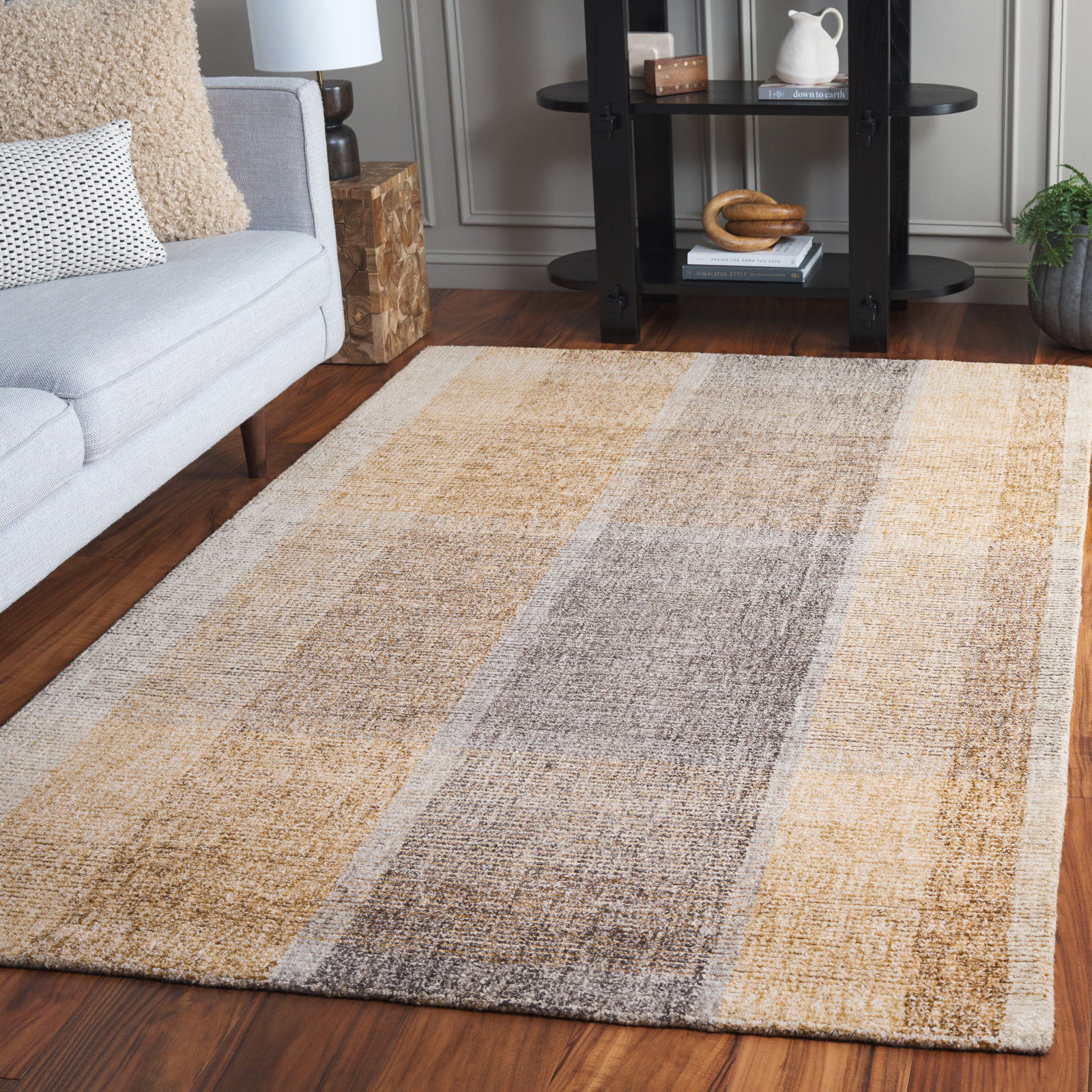 Light Brown Blue Hand-Tufted Geometric Wool Rug, Rectangle 5' x 8'