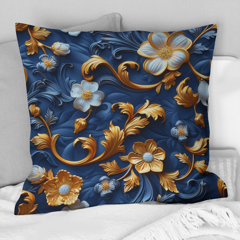 Coussin décoratif doré bleu Midcentury Flowers Glam, H 18 po x l 18 po, Carrée