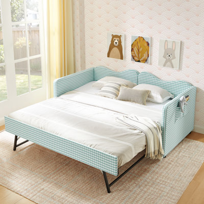 Lit de jour simple, lit de jour rembourré en vichy équipé d'un cadre de lit gigogne escamotable et d'une poche de rangement latérale, canapé-lit multifonctionnel en bois massif pour chambre d'enfant et chambre d'amis - Cyan