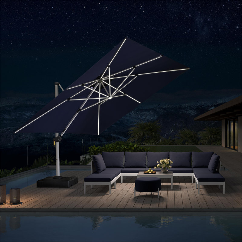 Sadi 12' x 12' Square Outdoor Cantilever Umbrella with Solar Lights and Base, Bleu marine