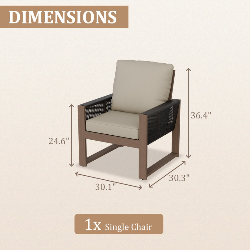 1 Piece Patio Cedar Wood Frame Brown Wicker Outdoor Armchair with Cushion, Beige