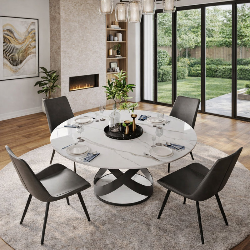 Table de salle à manger Maxwell, Blanc lustré, Noir, H 29,53 po x L 51,18 po x l 51,18 po