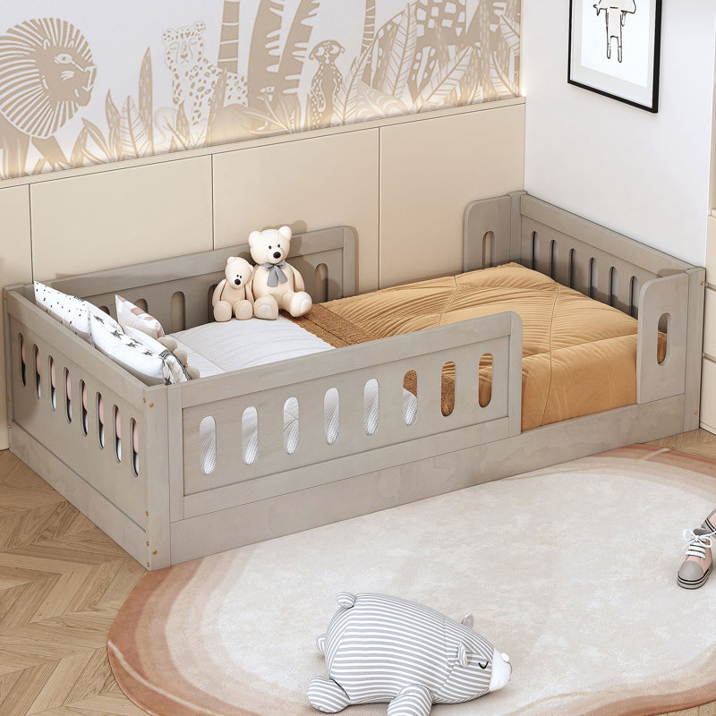 Lit plateforme en bois avec garde-corps, Naturel