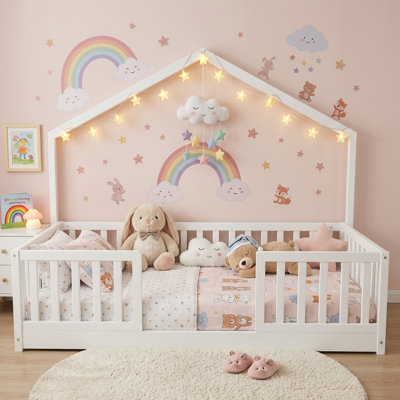 Twin Montessori House Floor Bed with LED Light, Solid Wood Kids Platform Bed with Full Safety Rails, Low Profile Bed Frame, White
