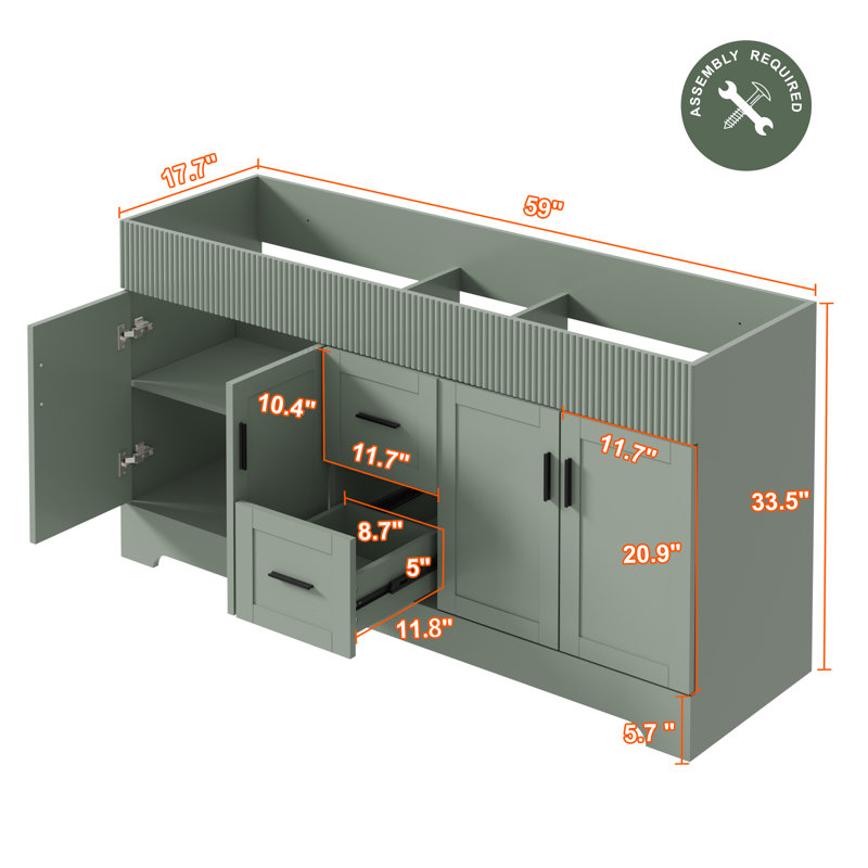 60" Double Bathroom Vanity Base Only, Sink Top Not Inlcuded, Green